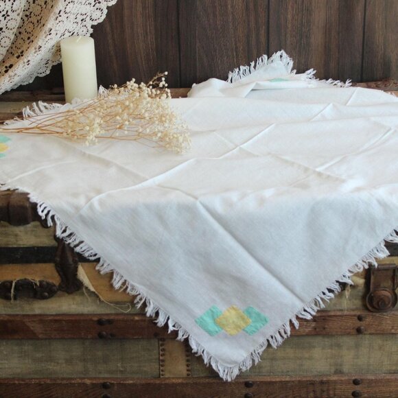 Vintage 1960s Tablecloth, 36 Inch Feedsack Cloth With Fringe and Cutwork - Picture 1 of 10